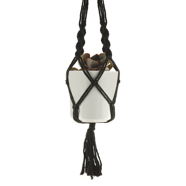 Makrameehalter mit Topf - Schwarz