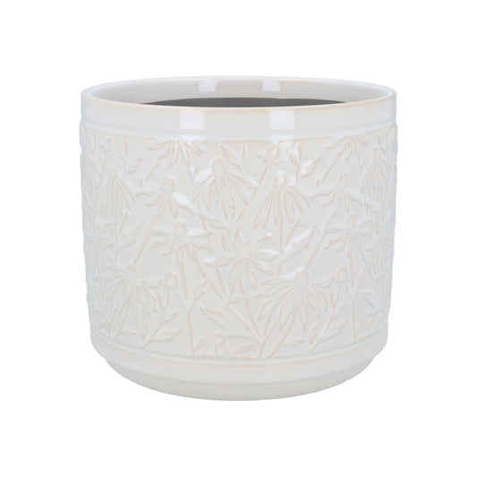 Stoneware Pot Cover 17cm - White Rudbeckia