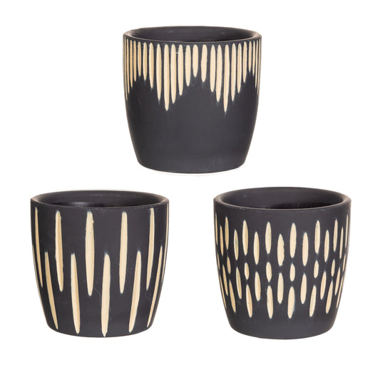 Black Sgraffito Mini Planters - Set of 3