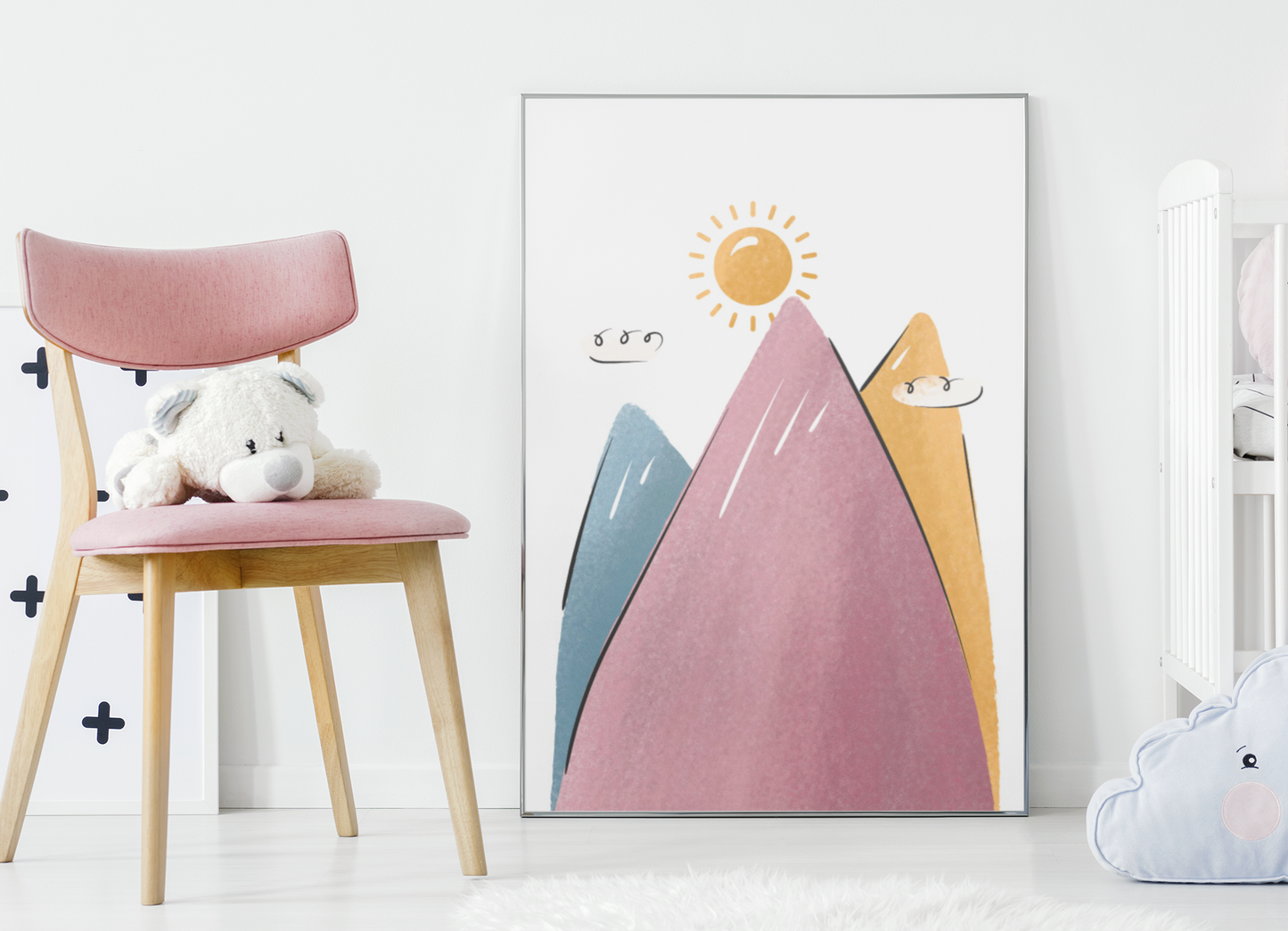 Cloud Sun & Mountain Illustration Nursery Children's Room Wall Decor Print-0