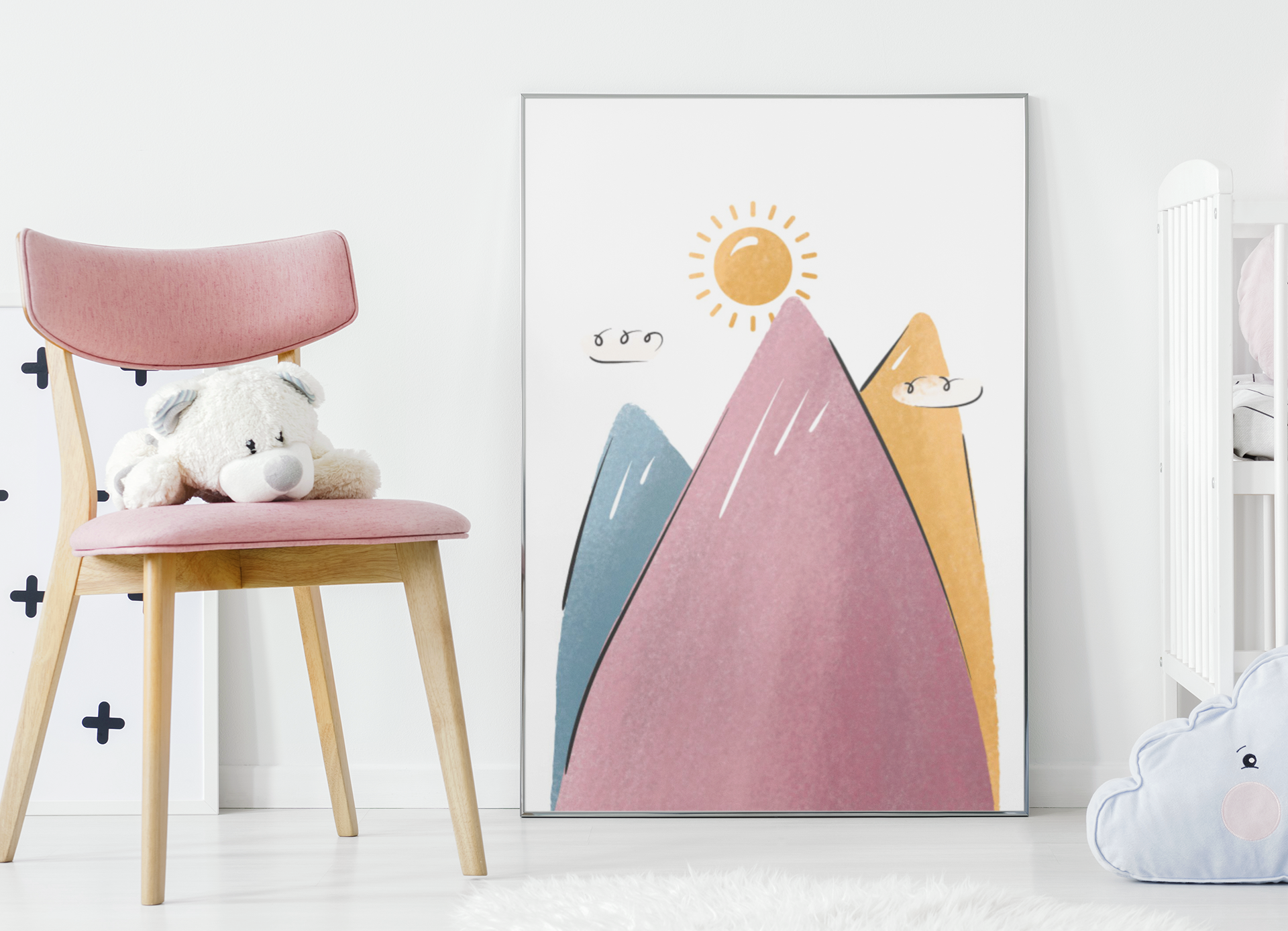 Cloud Sun & Mountain Illustration Nursery Children's Room Wall Decor Print-0