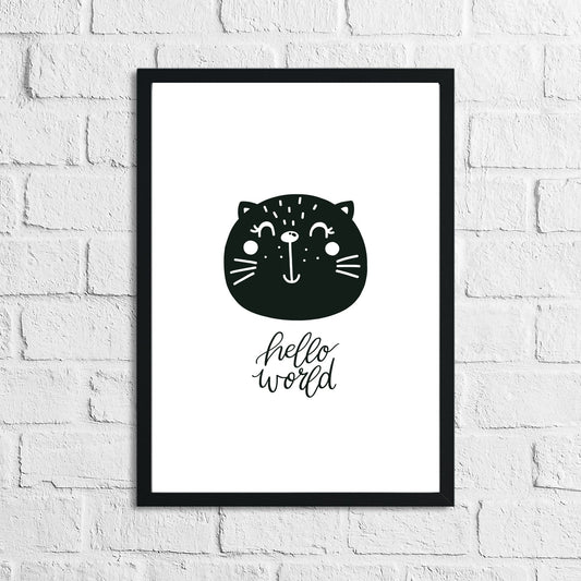 Scandinavian Hello World Cat Children's Nursery Bedroom Wall Decor Print-0
