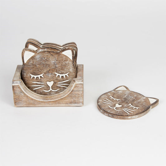 Wooden Carved Cat Coaster - Set of 6