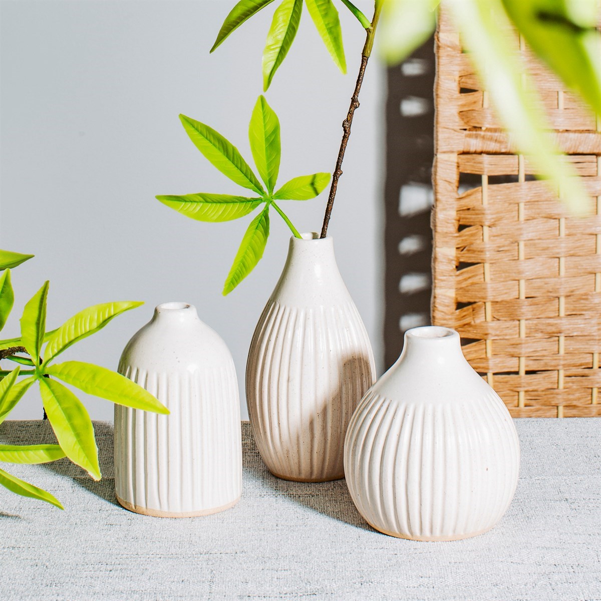 Grooved Bud Vases White - Set of 3